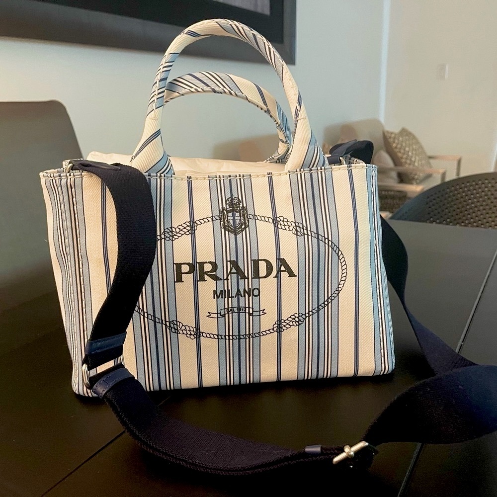 Stunning authentic Prada stripe blue/white tote